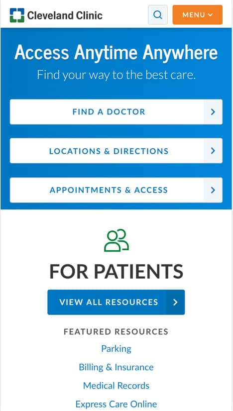 Cleveland Clinic homepage, mobile view
