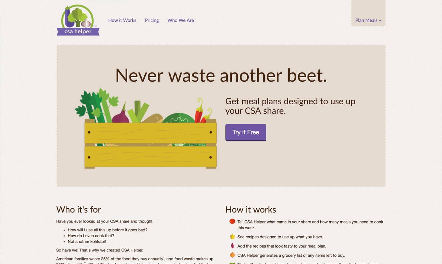 CSA Helper homepage, desktop view