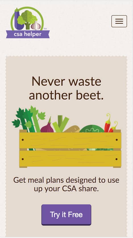 CSA Helper homepage, mobile view