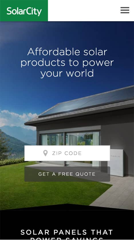 Solarcity homepage, mobile view